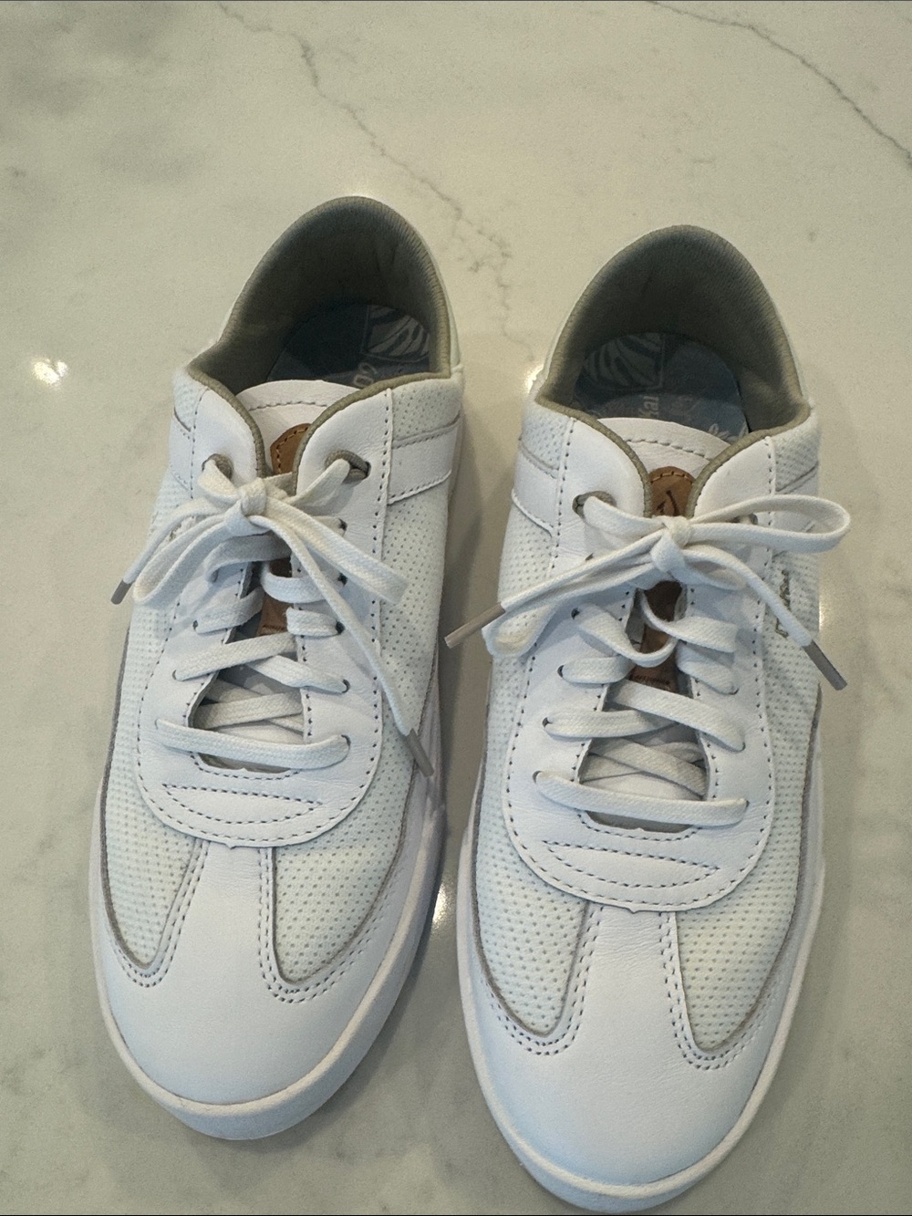 OluKai White Leather Sneakers with Tan Logo Accent